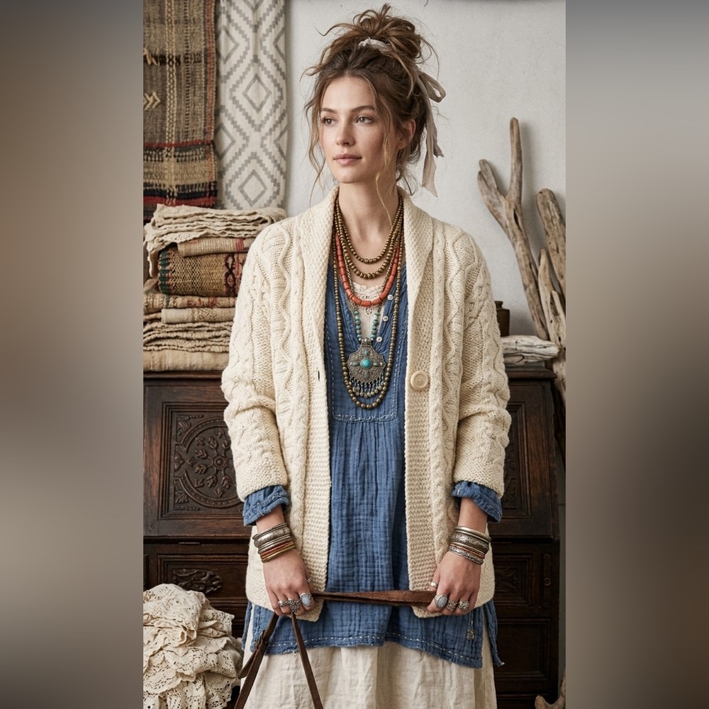 Inis Crafts 100% merino wool Aran Ireland Fisherman shawl cardigan sweater‎ L